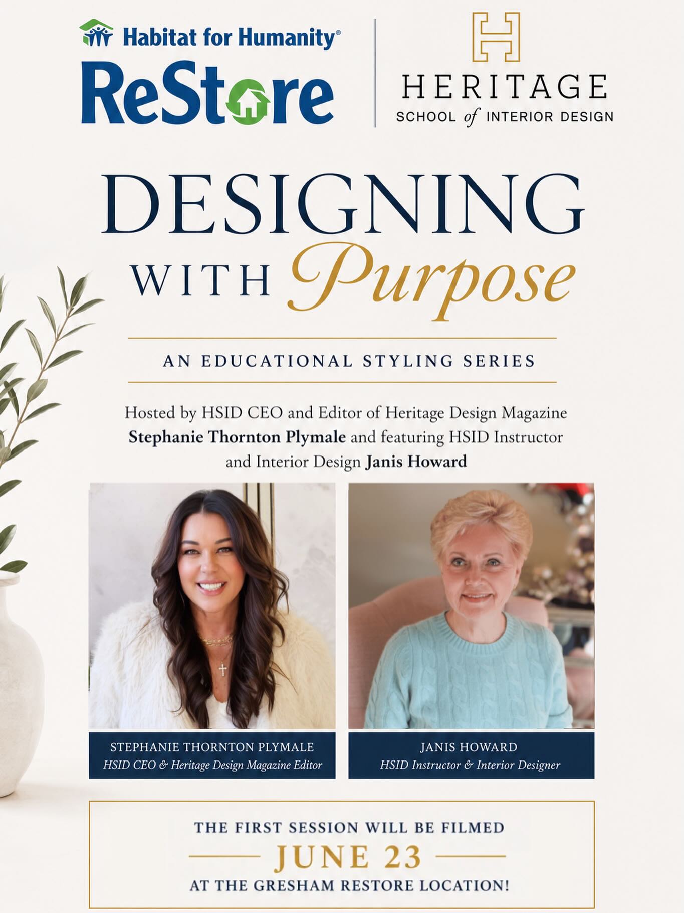 Something exciting has been in the works! 🎉

Heritage School of Interior Design is partnering with Habitat for Humanity ReStore for Designing with Purpose, a new educational styling series hosted by HSID CEO and Heritage Design Magazine Editor Stephanie Thornton Plymale and featuring HSID Instructor and Interior Designer Janis Howard for our first styling!

The first session will be filmed tomorrow, June 23rd at the Gresham ReStore. Stay tuned for expert styling tips, creative transformations, and inspiring ReStore finds!