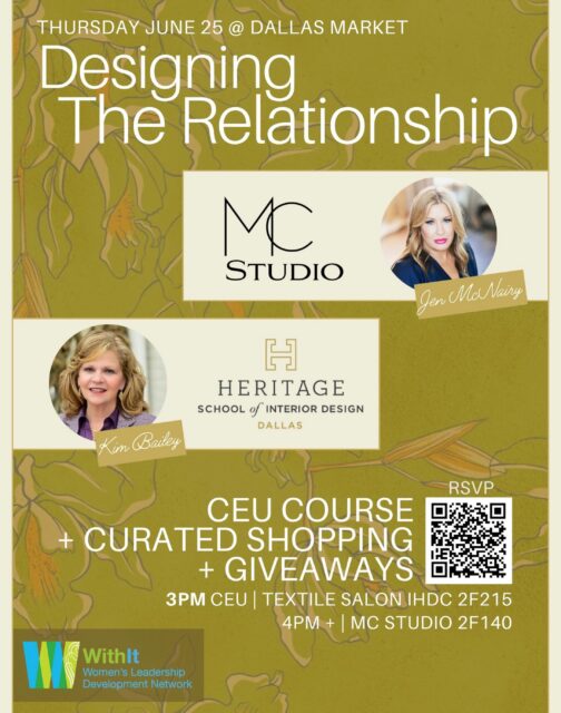 🌟Calling all Design & Trade Professionals🌟

Join us for the Designing the Relationship event at Dallas Market Center this Thursday, June 25th starting at 3:00pm. 

We would love to see you there! RSVP today by scanning the QR code or by tapping the link in our story! 🤩💚
• 
•
•
#dallastexas #dallasdesign #interiordesign #dallasmarketcenter #dallasevents