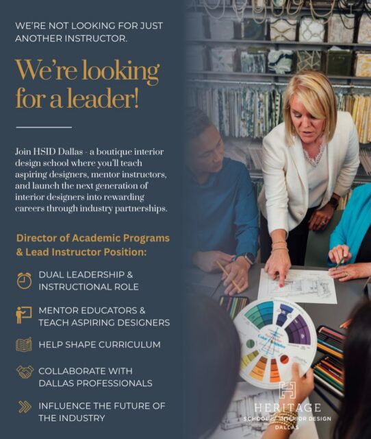 ✨NEW POSITION AVAILABLE!✨

Come and join us at HSID Dallas - a boutique interior design school where you’ll teach aspiring designers, mentor instructors, & launch the next generation of interior designers into careers through industry partnerships. 💼🎓

Apply today: https://www.indeed.com/job/director-academic-programs-and-lead-instructor-22fb01e573acc2ba