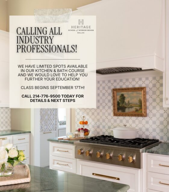 Calling all interior design professionals! Are you looking to expand your skills & services? We have a few openings for our Kitchen and Bath Design Course, and we’d love to have you join! 🥰

The course begins Thursday, September 17th at 9:00am and is taught by an amazing Master Certified Kitchen and Bath Designer & Certified Remodeler. Call 214-776-9500 today for more details! 💌 
•
•
•
#interiordesign #kitchenandbathdesign #dallasdesigner #dallasdesignschool #interiordesignschool