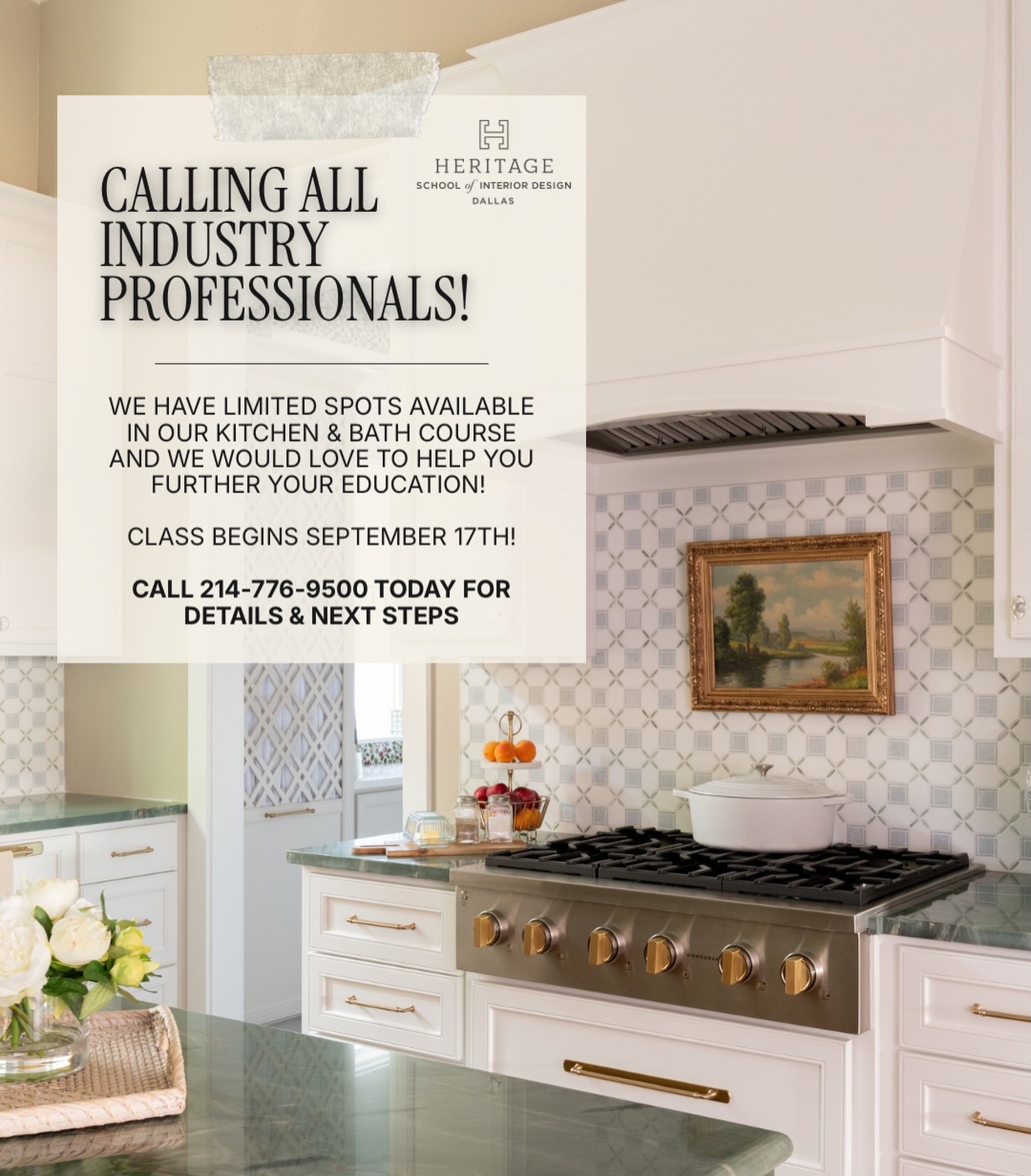 Calling all interior design professionals! Are you looking to expand your skills & services? We have a few openings for our Kitchen and Bath Design Course, and we’d love to have you join! 🥰

The course begins Thursday, September 17th at 9:00am and is taught by an amazing Master Certified Kitchen and Bath Designer & Certified Remodeler. Call 214-776-9500 today for more details! 💌 
•
•
•
#interiordesign #kitchenandbathdesign #dallasdesigner #dallasdesignschool #interiordesignschool